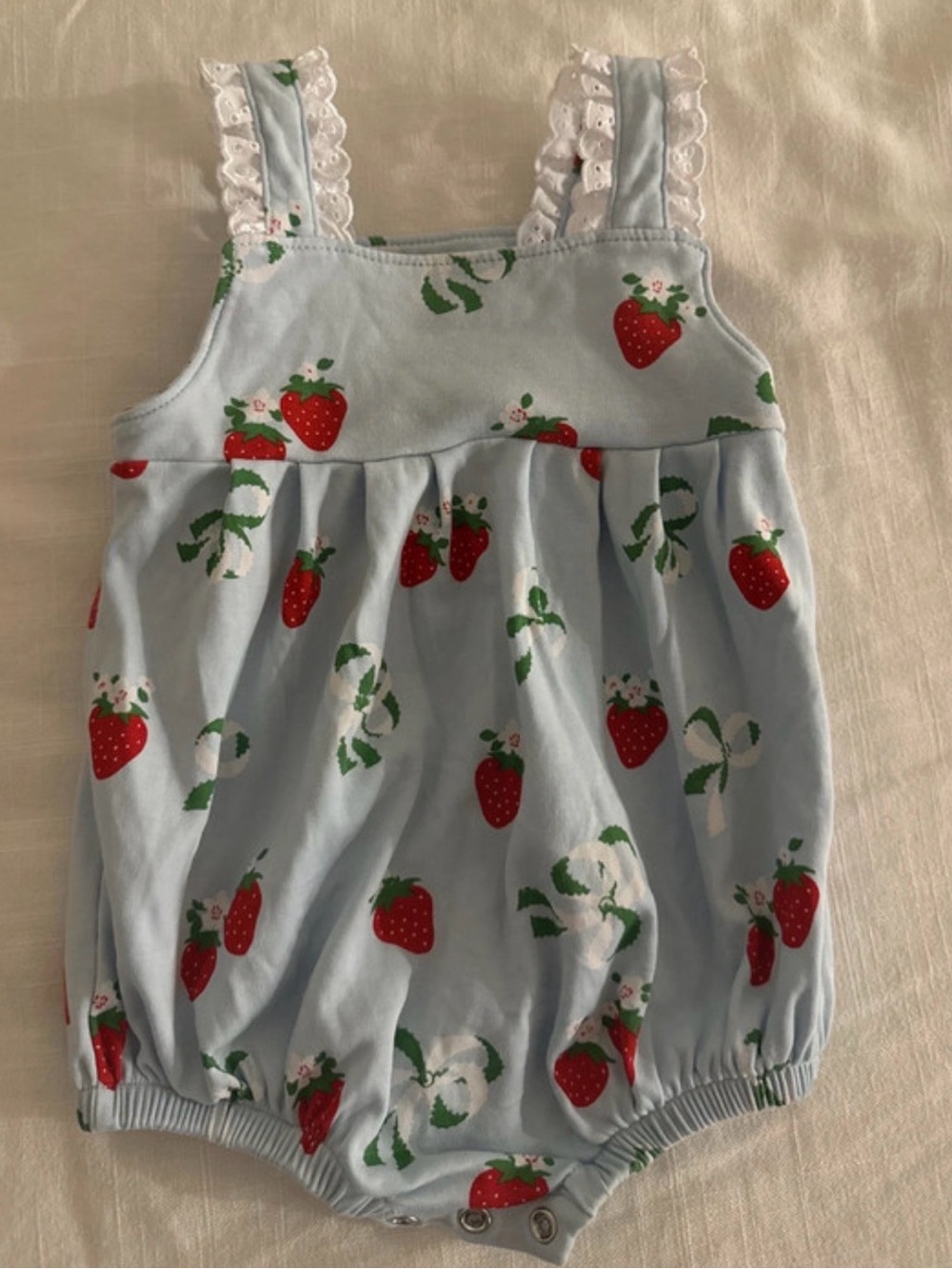 The Beaufort Bonnet Company Light Blue Strawberry Bubble Romper
